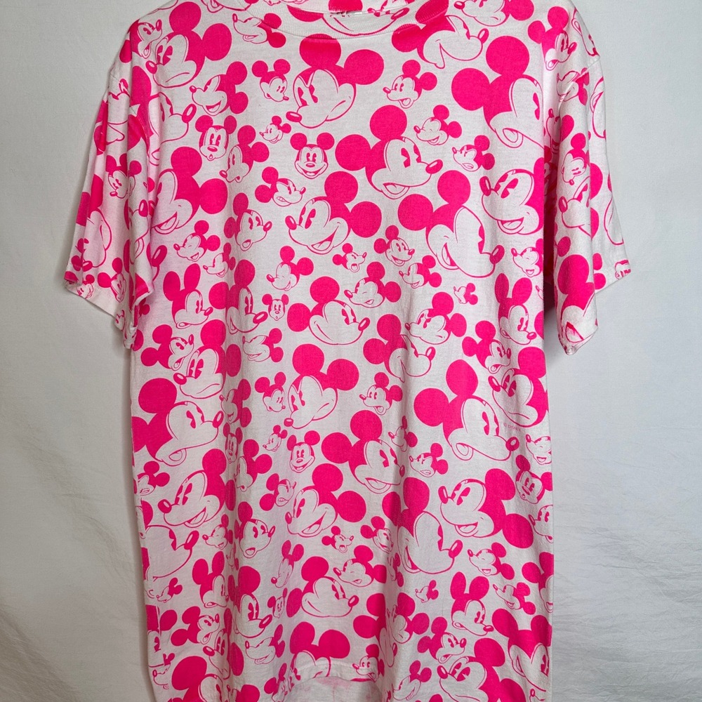 DISNEY Mickey Mouse Single Stitch 80- 90s NEON Pink  T-Shirt Vintage M